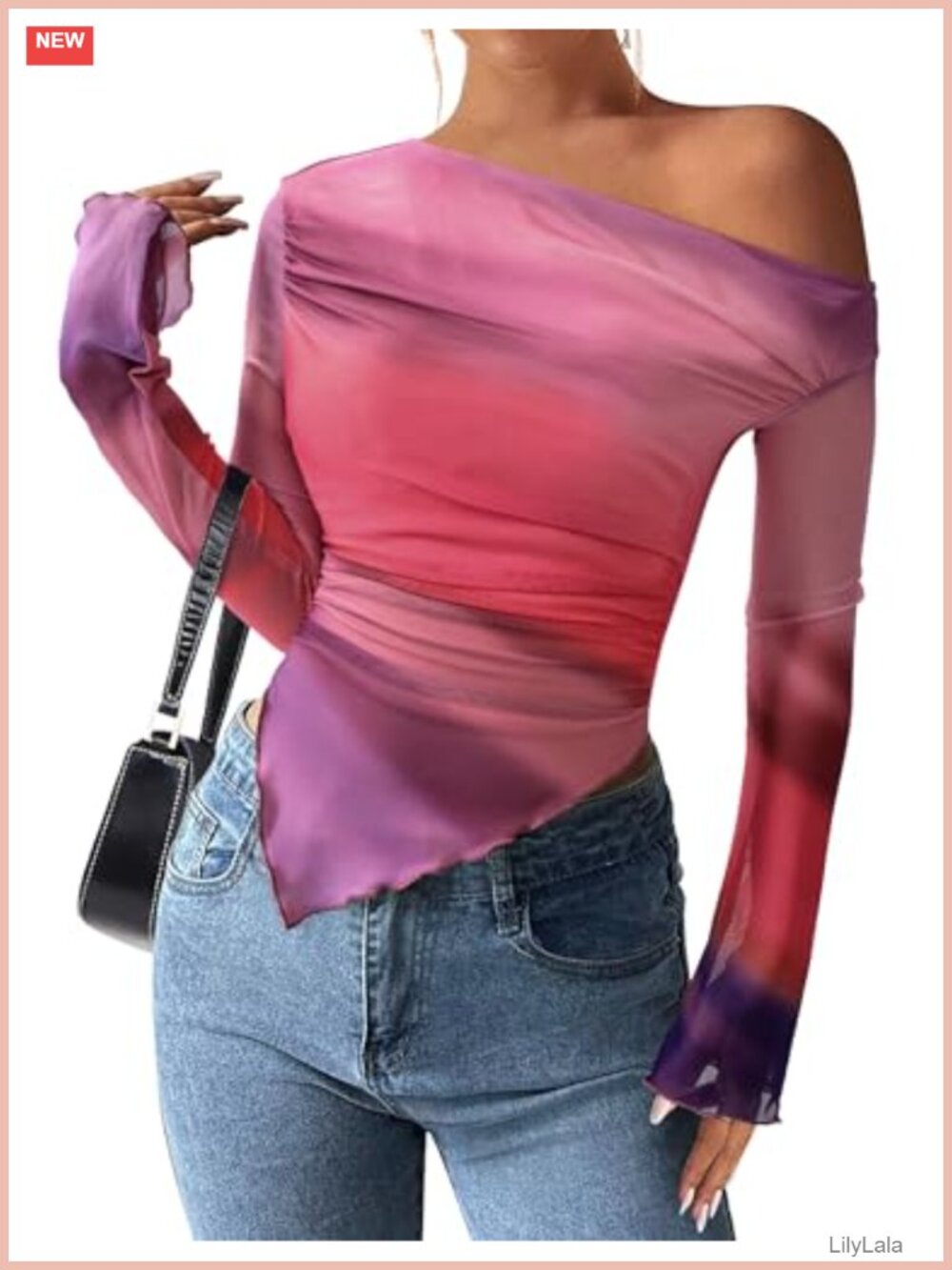 Womens Off Shoulder Mesh Floral Blouse Asymmetrical Y2K Slim Fit Top